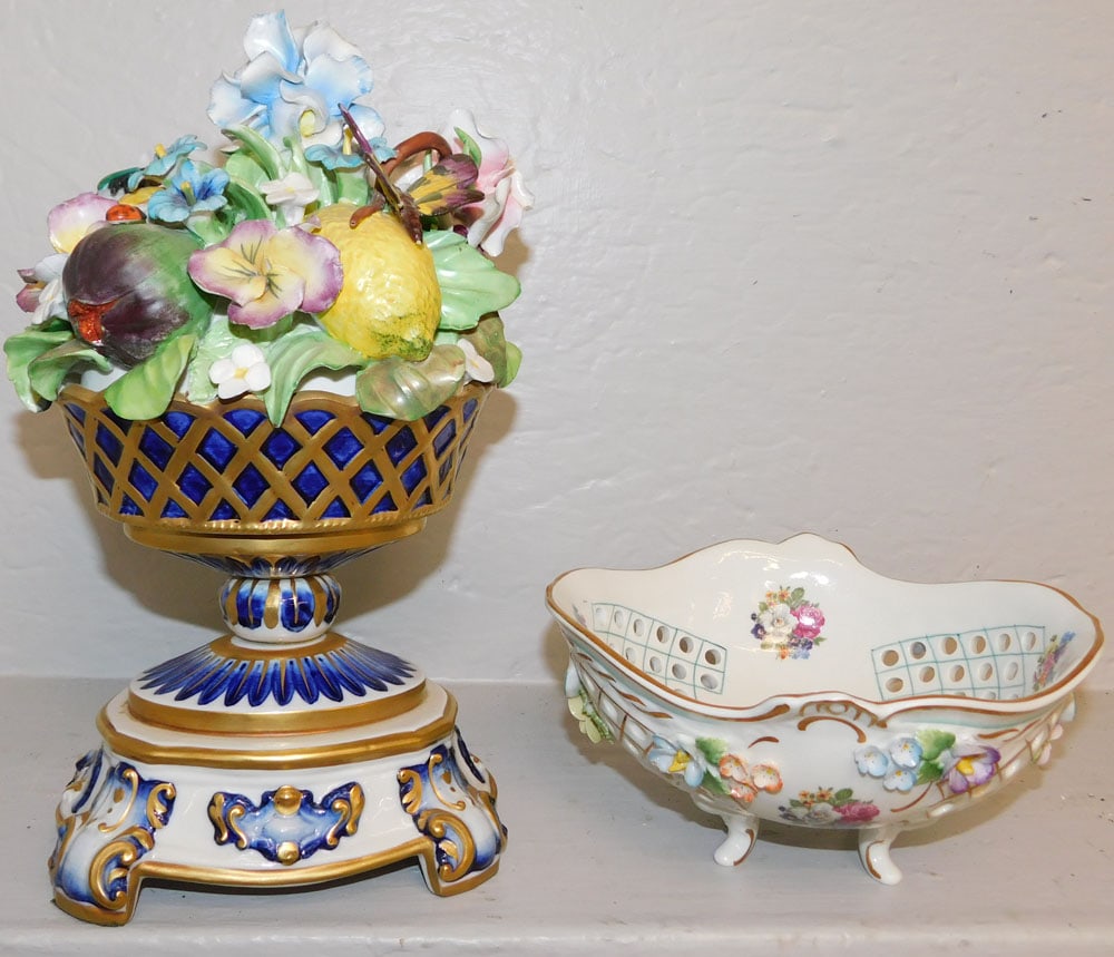 Painted Porcelain Open Work Bowl & Dresden Urn Basket (1 of 6)