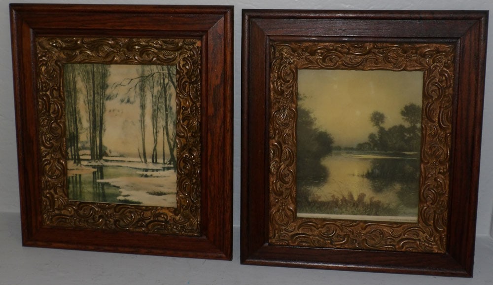 Pair of Antique Victorian Oak & Gilded Framed Winter & Landscape Scene Prints (1 of 6)