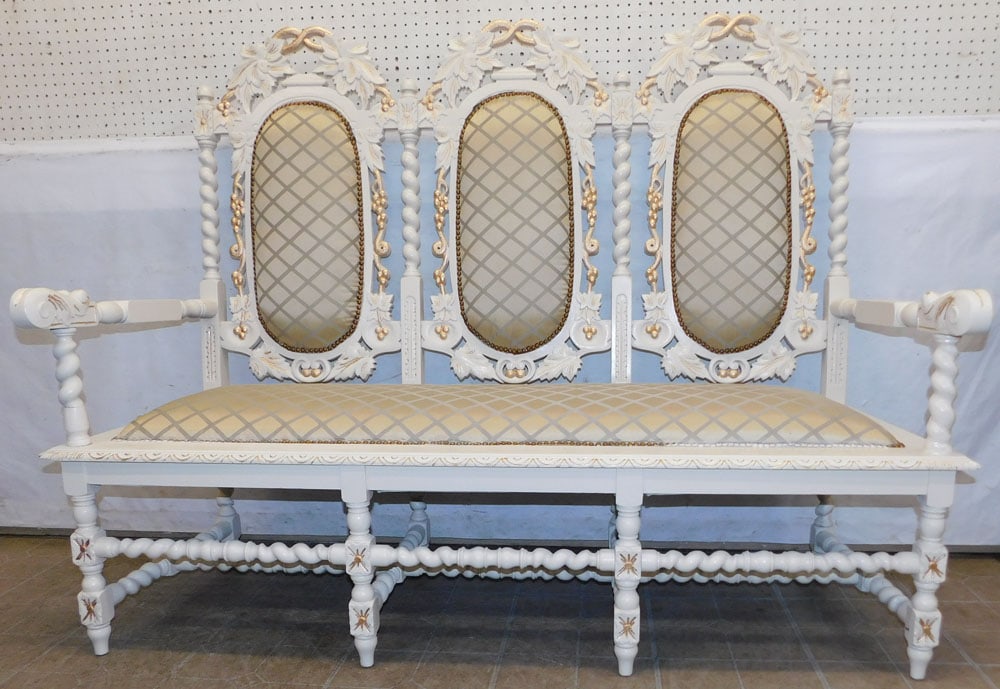 Ornate Painted Carved Wood Barley Twist Bench: Ornate Painted Carved Wood Barley Twist Bench . 64" W 26" D 51 1/2" H