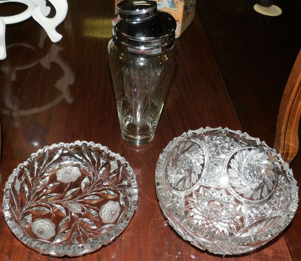 Two Cut Glass Floral Motif Bowls & Art Deco Etched Cocktail Shaker: Two Cut Glass Floral Motif Bowls & Art Deco Etched Cocktail Shaker . Up to 10 1/2” H