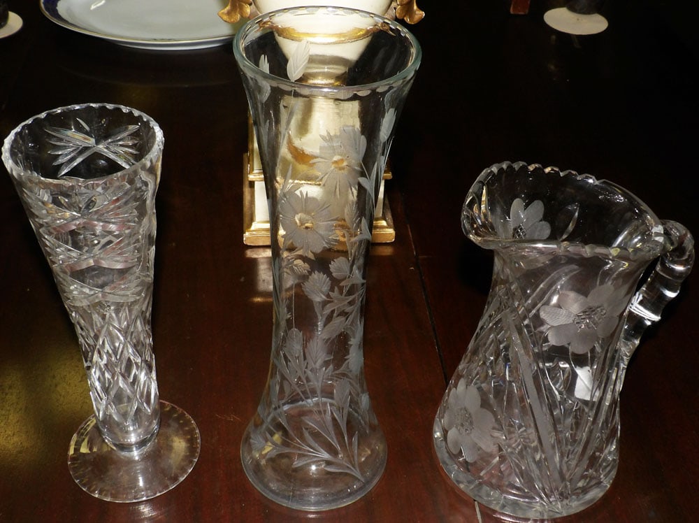 Two Cut Glass Floral Vases & Cut Glass Pitcher (1 of 4)