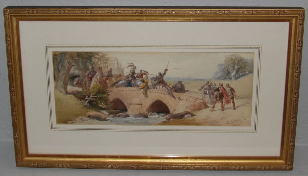 Antique Watercolor of Battle Scene at Bridge by Charles Cattermole Dated 1868 (1 of 6)