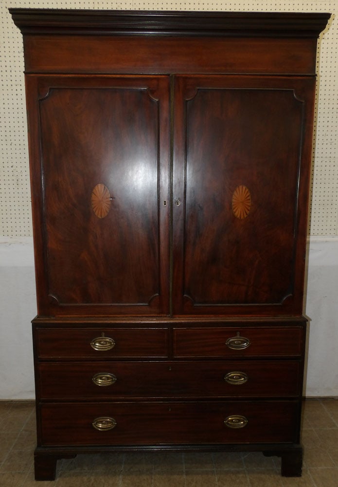 19th Century Two Part Mahogany Pinwheel Inlaid Linen Press with Fitted Interior (1 of 6)