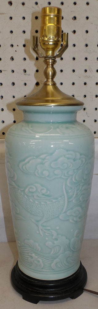 Chinese Celadon Porcelain Vase Made Into Lamp with Dragon Motif (1 of 3)