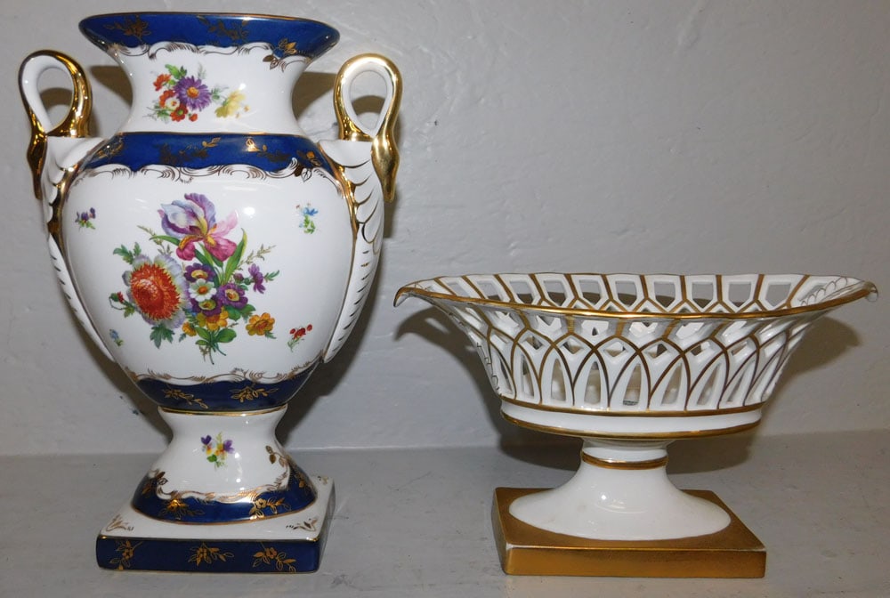 Painted Porcelain Open Work Compote & Painted Porcelain Vase (1 of 7)