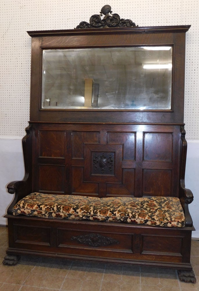 Antique Carved Oak Lion's Head Arm Settle with Bevel Edge Mirror Top (1 of 10)