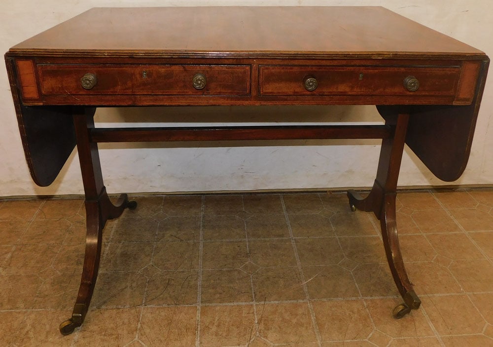 19th Century Satin Wood Banded Top Writing Table with 2 Drawers: 19th Century Satin Wood Banded Top Writing Table with 2 Drawers . 36 1/2" W 25 1/2" D 28" H