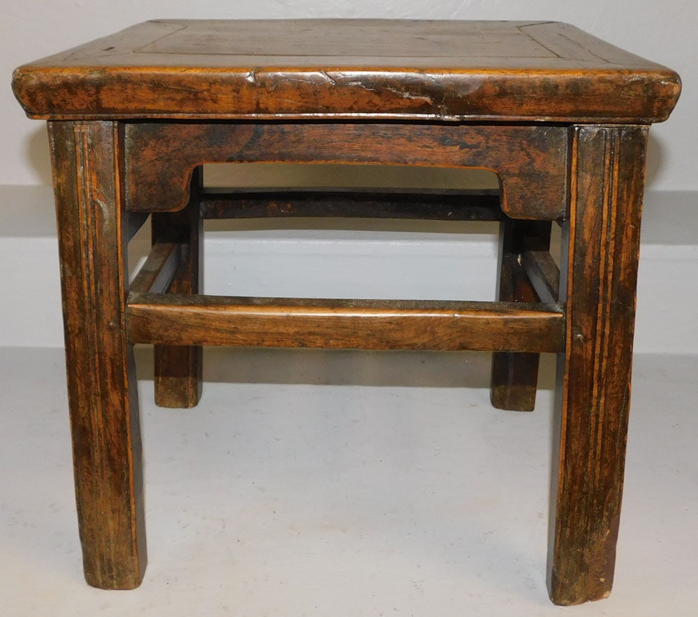 Antique Oriental Elmwood Stretcher Base Stool (1 of 4)
