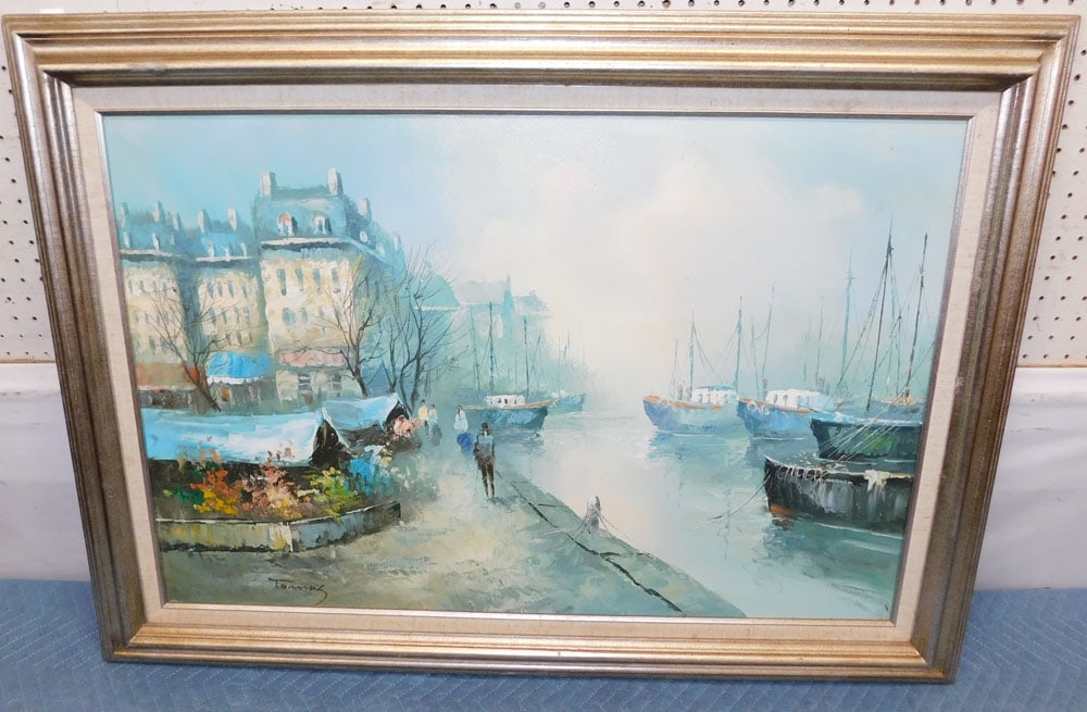 Framed Oil on Canvas of Boat Dock Scene Artist Signed (1 of 5)