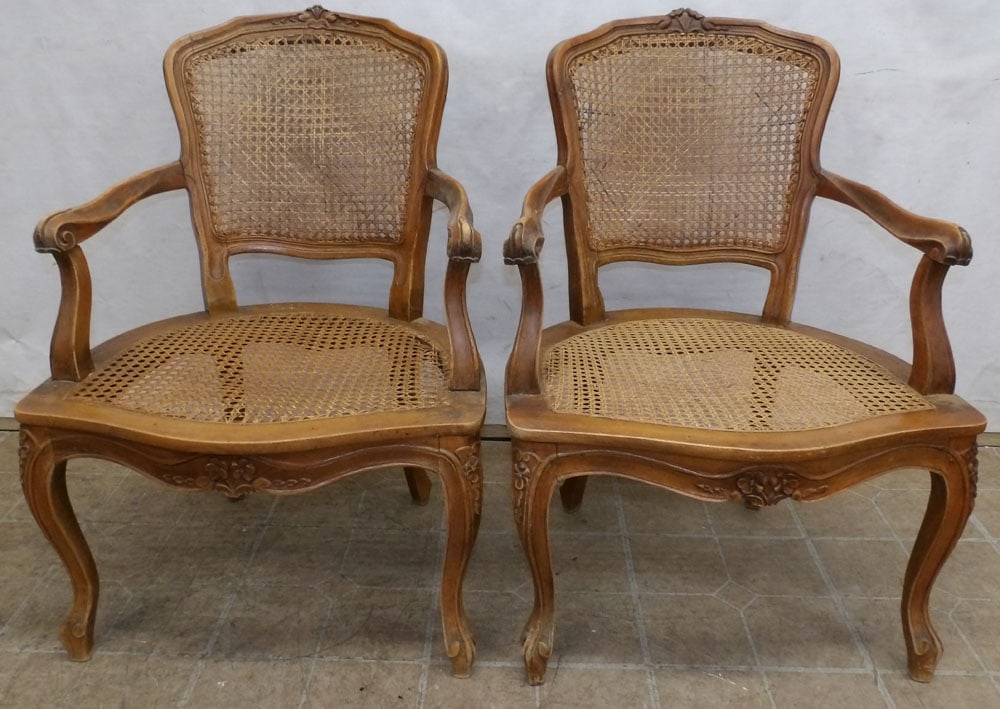 Pair of Carved Walnut Cane Seat & Back Fauteuils: Pair of Carved Walnut Cane Seat & Back Fauteuils. 32" H