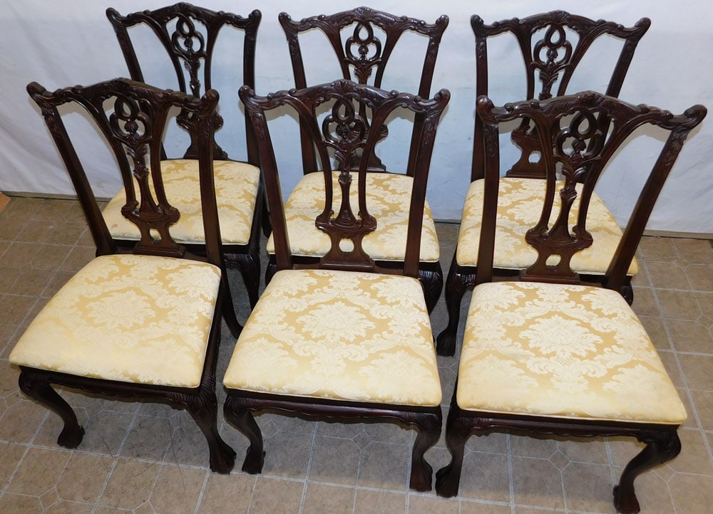 Set of Six Carved Mahogany Chippendale Style Dining Chairs with Ball & Claw Feet: Set of Six Carved Mahogany Chippendale Style Dining Chairs with Ball & Claw Feet. 40" H