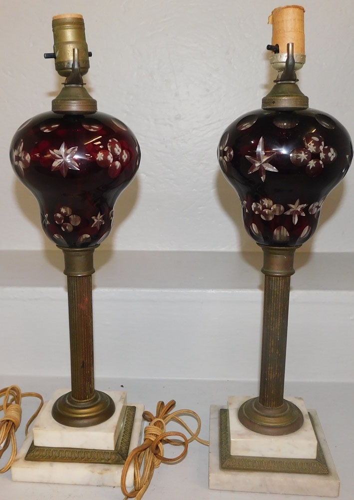 Pair of Bohemian Ruby Cut to Clear Marble Base Lamps (1 of 4)