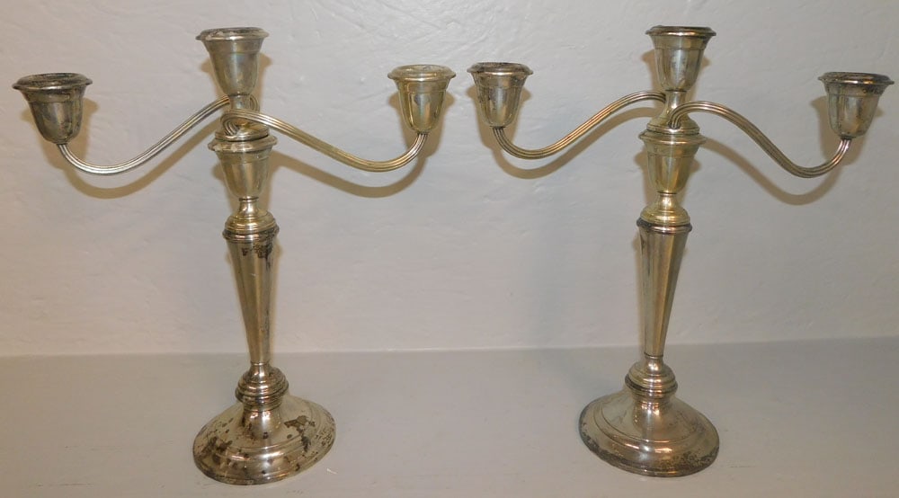 Pair of Sterling Weighted Three Light Candelabras (1 of 3)