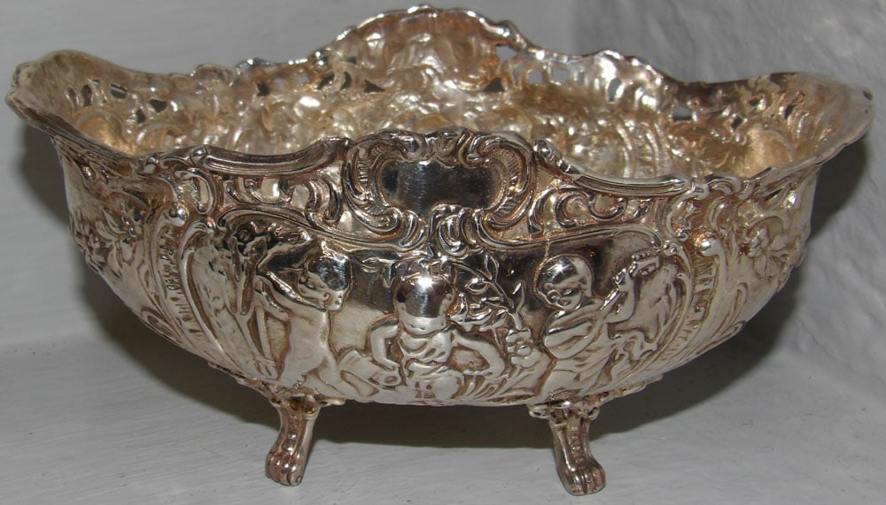 Antique 800 Silver French Open Work Repousse Footed Basket with Putti Musical Motif (1 of 3)