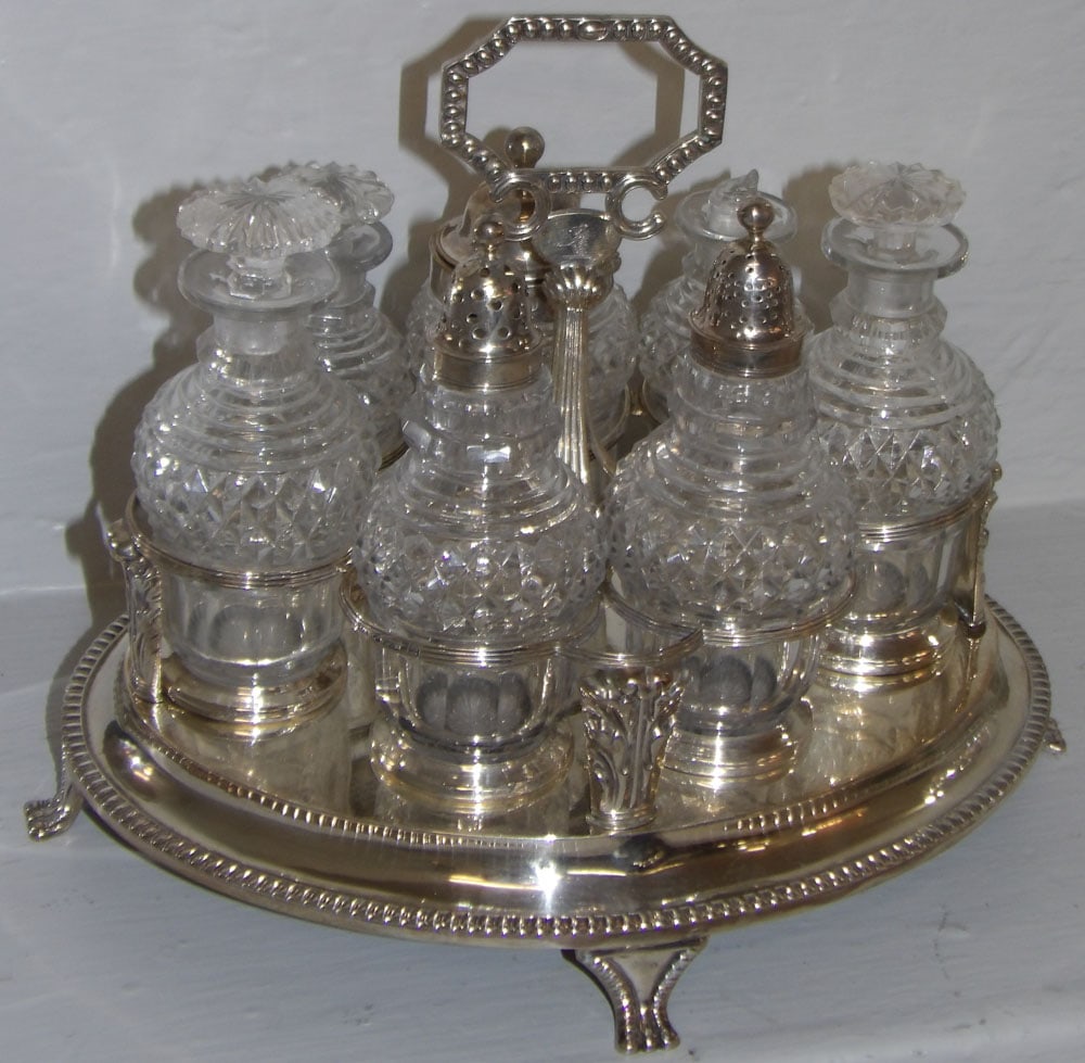 19th Century English Sterling Anglo Irish Cut Seven Bottle Cruet Set by John Roberts & Co (1 of 7)