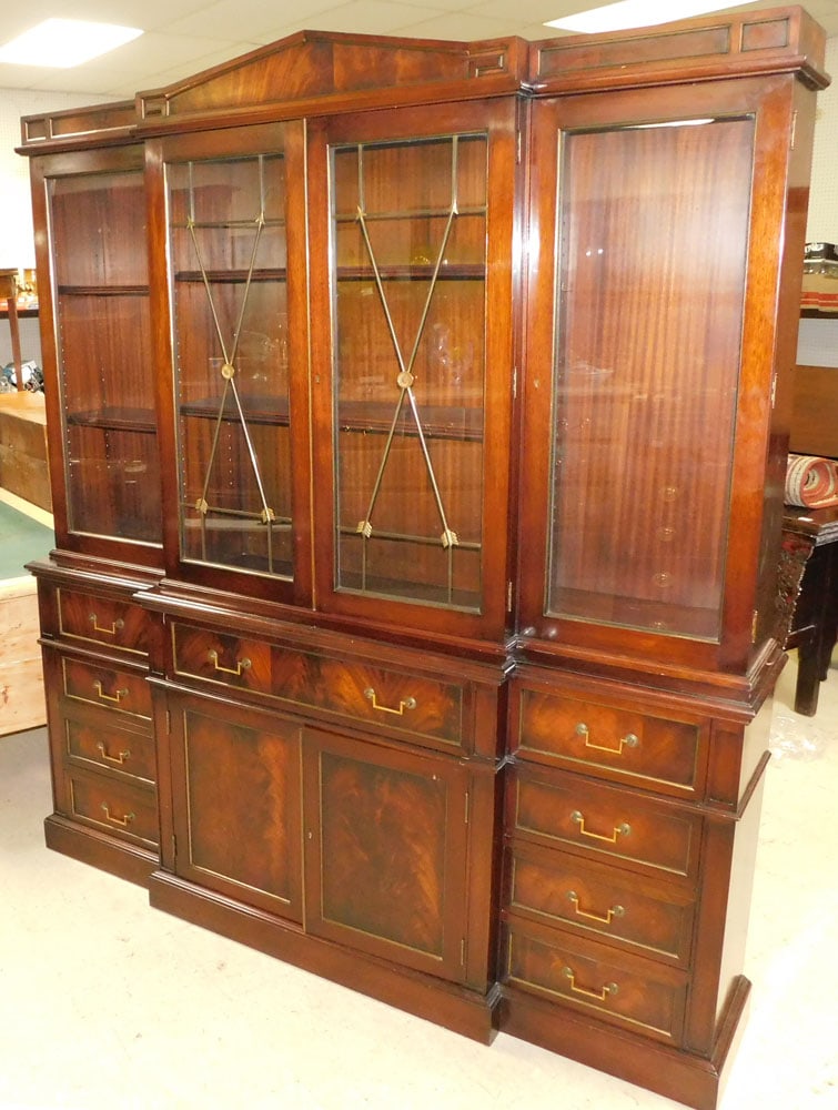mahogany and brass bound two piece breakfront with silver drawer (1 of 7)