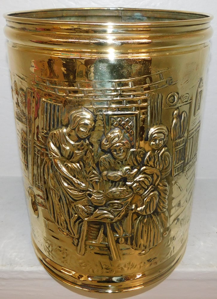 English polished embossed brass waste basket (1 of 4)