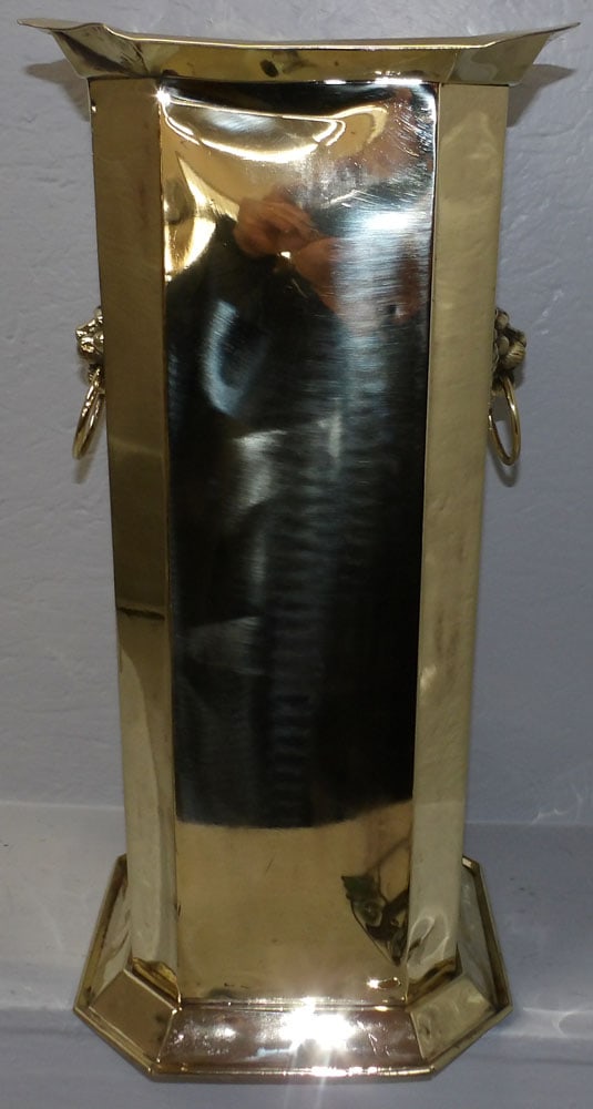 antique polished brass umbrella stand with lion head handles (1 of 5)