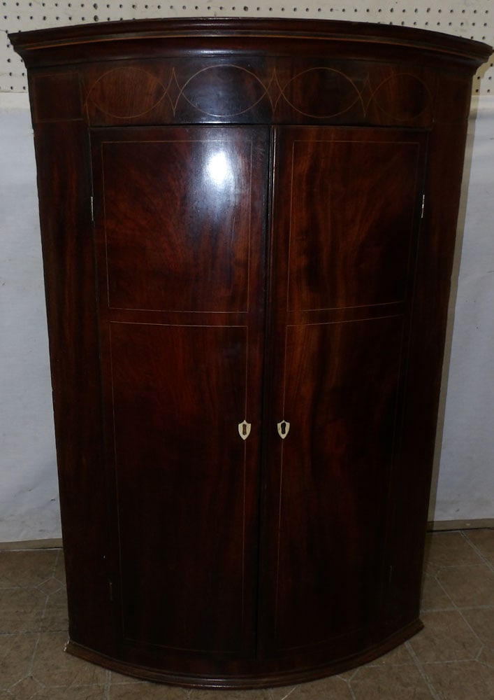 19th century mahogany inlay bow front hanging corner cabinet (1 of 4)