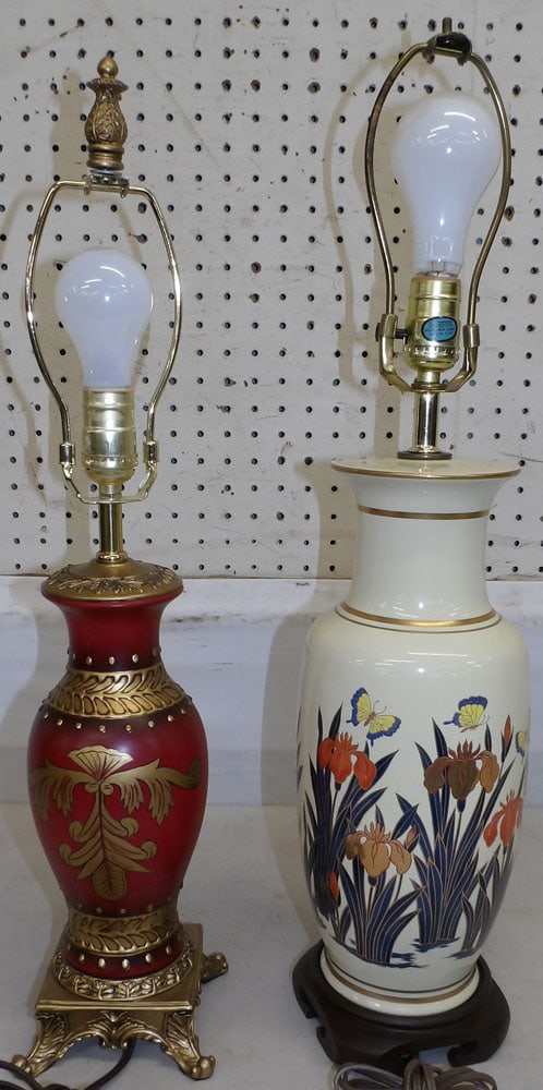 Two painted porcelain lamps: Two painted porcelain lamps. 26" H