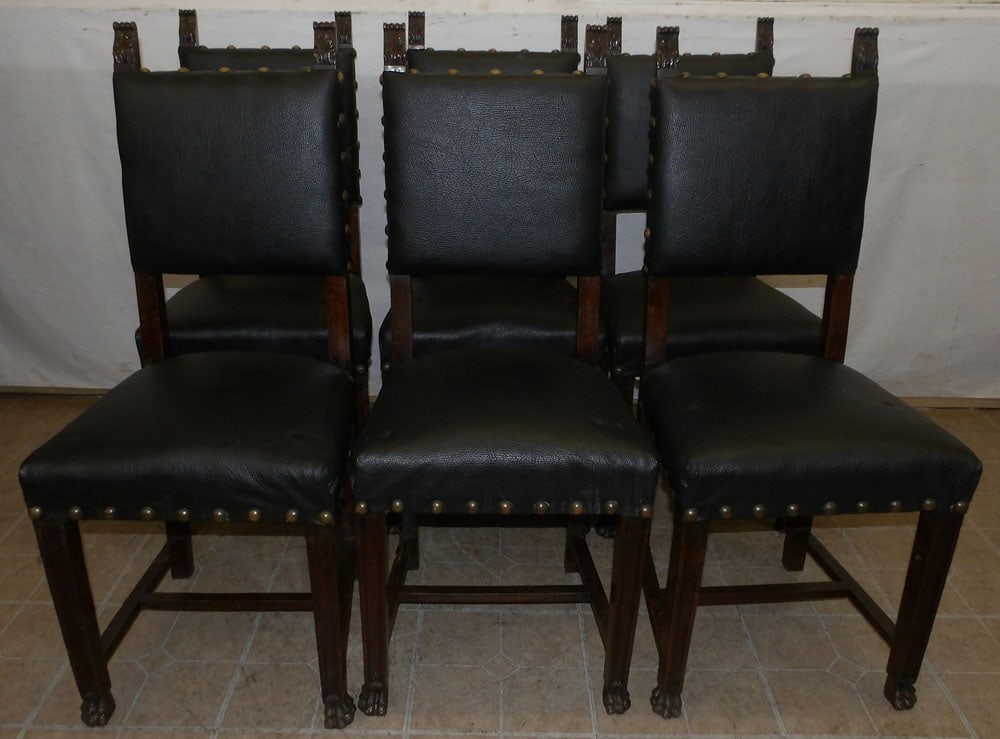 set of six antique walnut and leather upholstered Italian dining chairs (1 of 5)