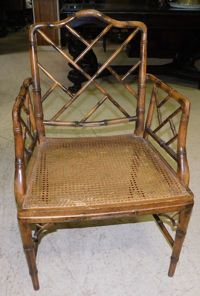 painted faux bamboo arm chair with cane seat (1 of 4)
