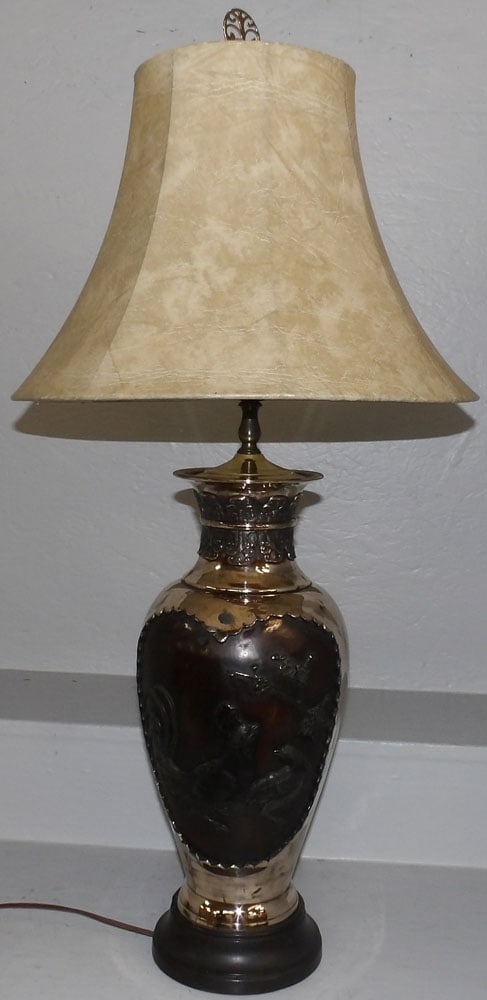 polished bronze Chinese urn made into lamp with bird motif: polished bronze Chinese urn made into lamp with bird motif . 35 1/2" H