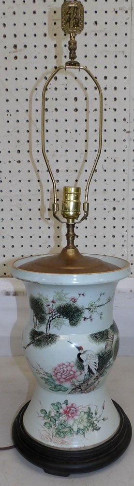antique oriental porcelain vase made into lamp with heron and calligraphy (1 of 7)