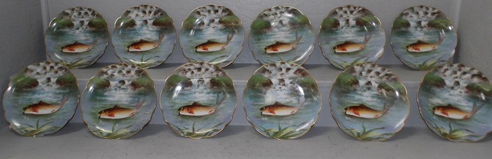 Twelve Hand Painted Limoges Fish Plates by Ovington Bros. Artist Signed (1 of 5)