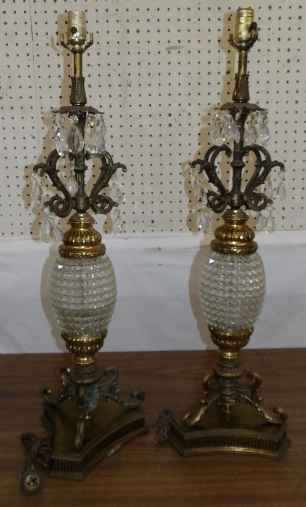 pair gilded metal and glass lamps: pair gilded metal and glass lamps. 33 1/4" H