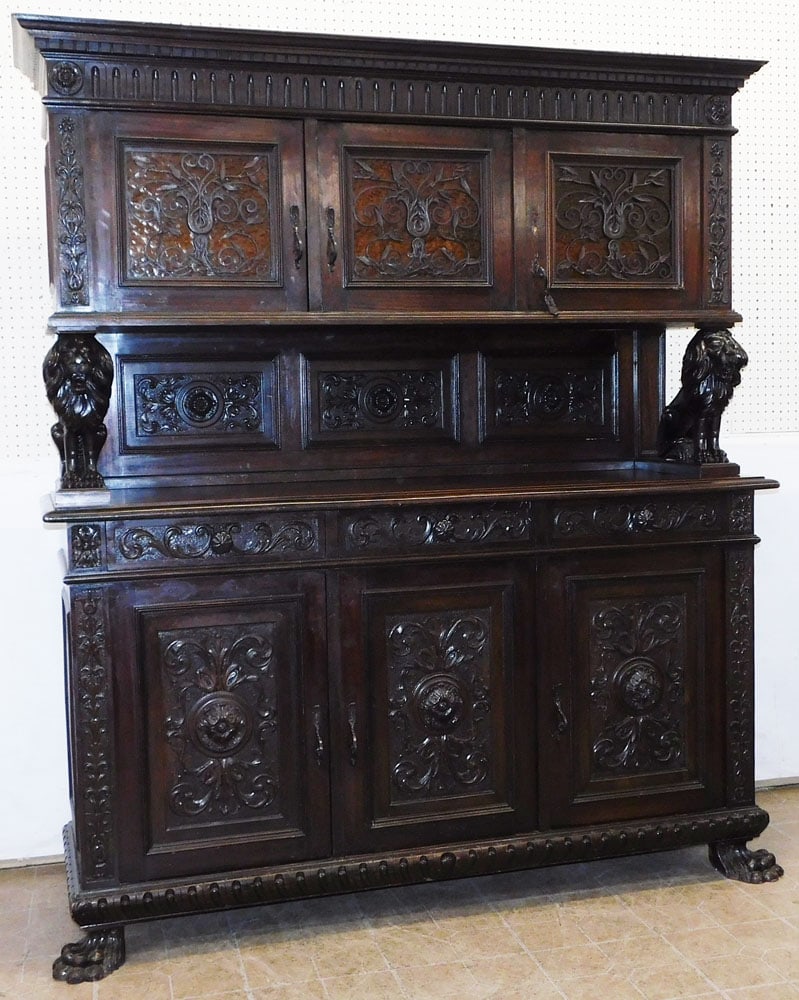 Italian carved walnut five piece sideboard with lion carvings & wrought iron glass doors (1 of 15)