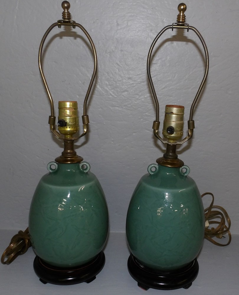 Pair of Chinese Celadon Vases Made Into Lamps with Crane Motif (1 of 4)