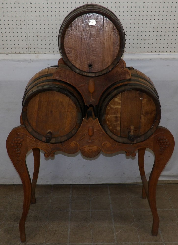 three antique oak kegs on stand (1 of 5)