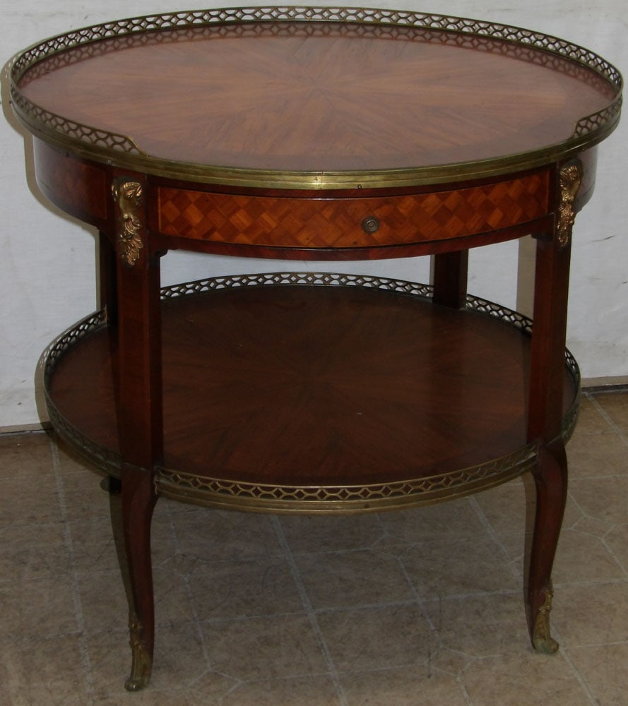 French Parquetry Inlaid Brass Gallery Two Tier Table with Drawer & Pull Out Leather Candle Slides (1 of 6)
