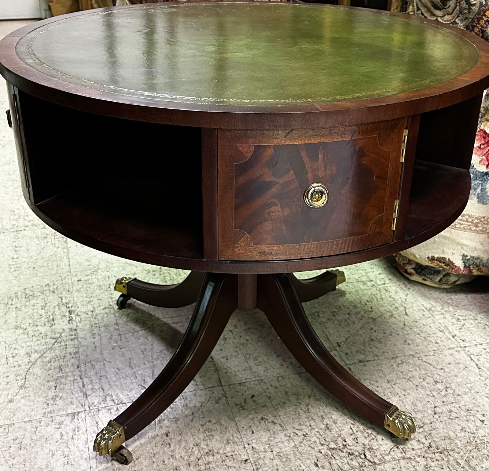Large Federal Style Rotating Tooled Leather Top Mahogany Drum Table (1 of 6)