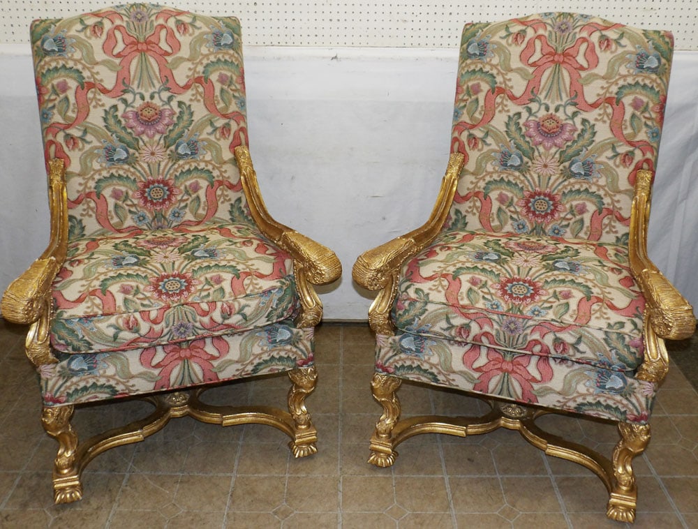 Pair of Large Ornate Gilt Baroque Style Tapestry Upholstered Stretcher Base Chairs (1 of 10)