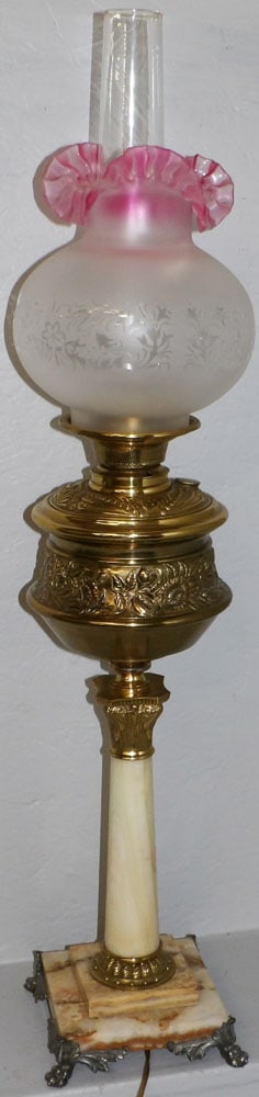 Antique Victorian Brass & Onyx Column Base Claw Foot Banquet Lamp with Satin Shade (1 of 5)