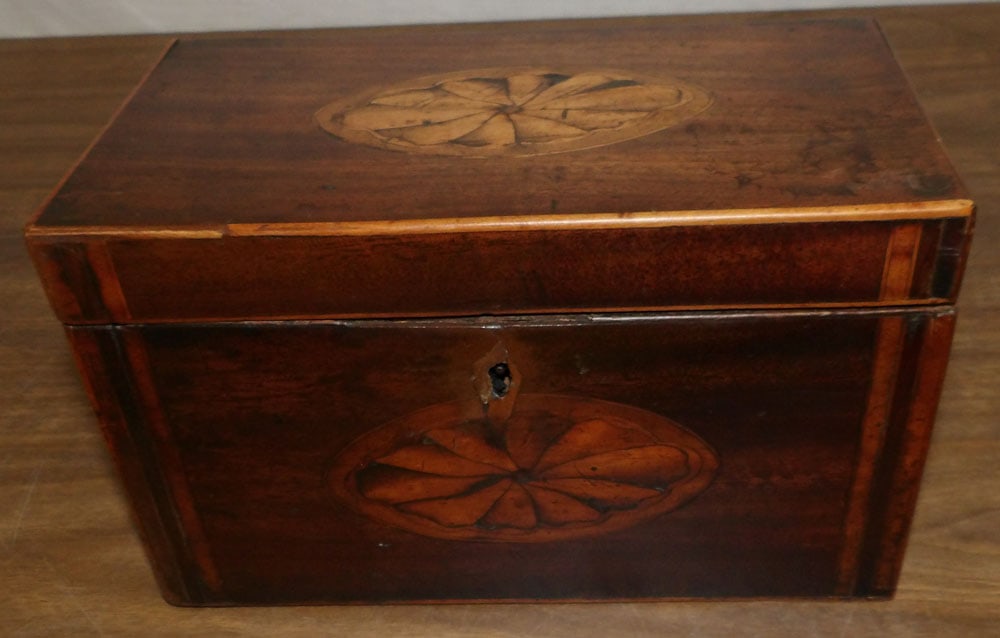19th century mahogany inlaid tea caddy (1 of 7)