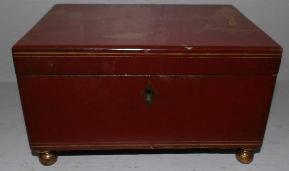 antique Chinese red lacquer paper mache tea caddy with pewter liner (1 of 7)