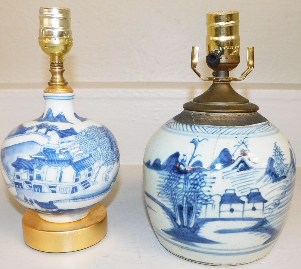two oriental blue and white porcelain vases made into lamps (1 of 3)