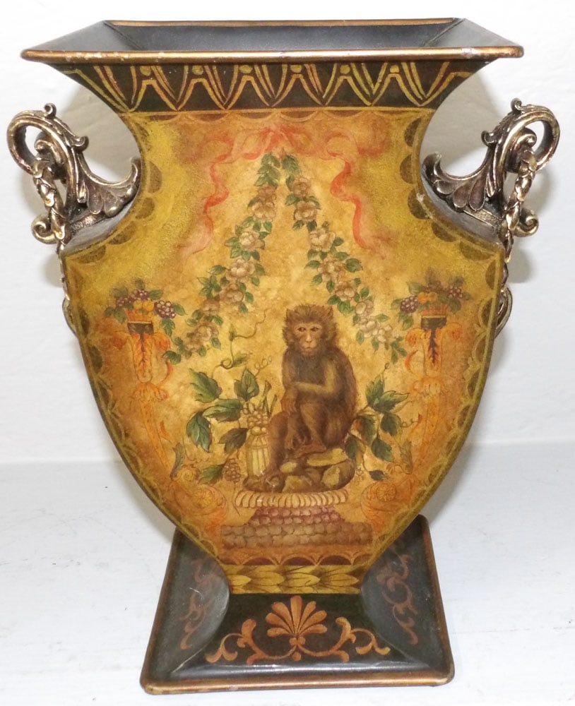 painted tole urn with monkey motif: painted tole urn with monkey motif. 11 3/4" H