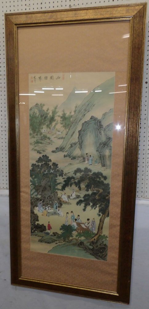 large framed Chinese watercolor on silk signed with character marks (1 of 5)