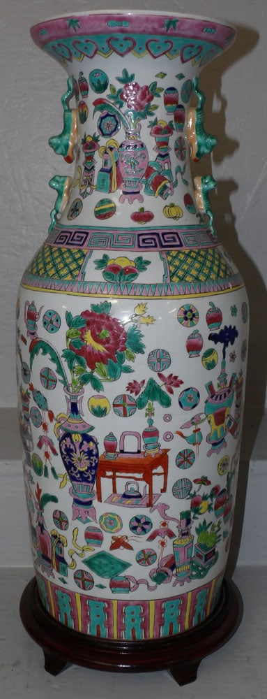 large antique Chinese famille rose vase on wooden stand (1 of 6)
