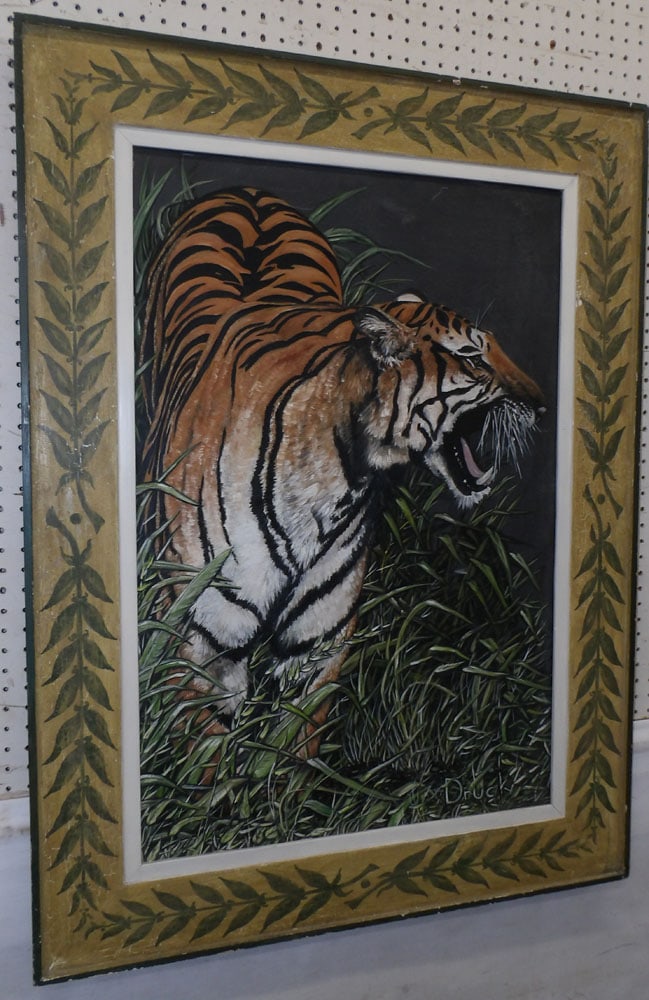 framed oil painting on slate of tiger signed by the artist: framed oil painting on slate of tiger signed by the artist. 33 3/4" x 45 3/4"