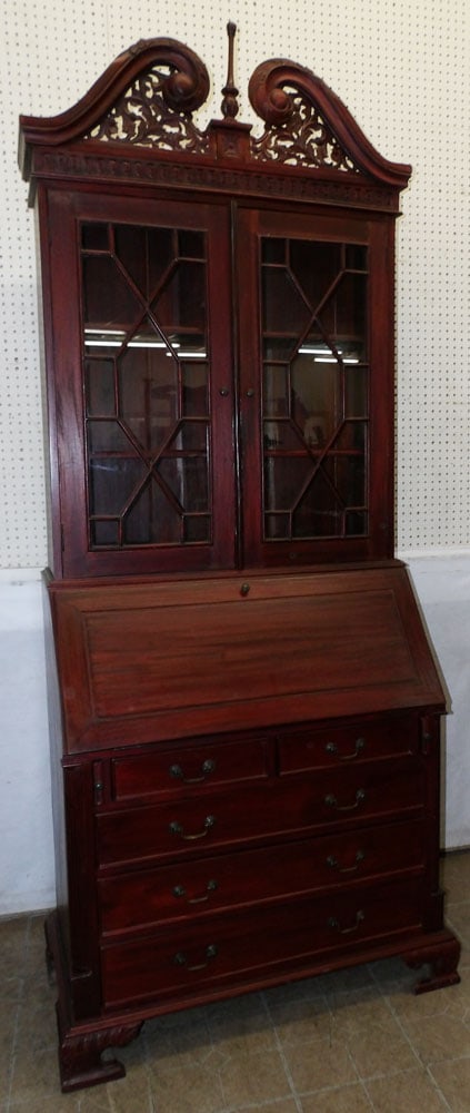 carved mahogany 2 piece glass door secretary: carved mahogany 2 piece glass door secretary . 40" W 21 1/2" D 97" H