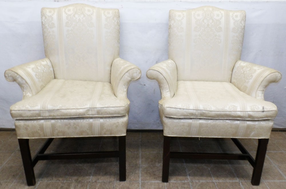 pair antique mahogany and silk upholstered arm chairs (1 of 5)