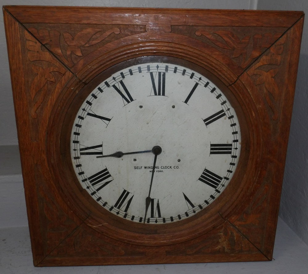 antique carved oak clock by self winding clock company N.Y (1 of 5)