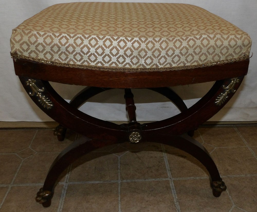 antique mahogany curule bench with bronze mounts: antique mahogany curule bench with bronze mounts . 18 1/2" W 15 1/2" D 17 3/4" H