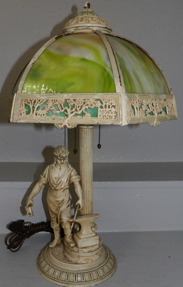 painted metal and slag glass 2 light lamp: painted metal and slag glass 2 light lamp. 22 1/2" H