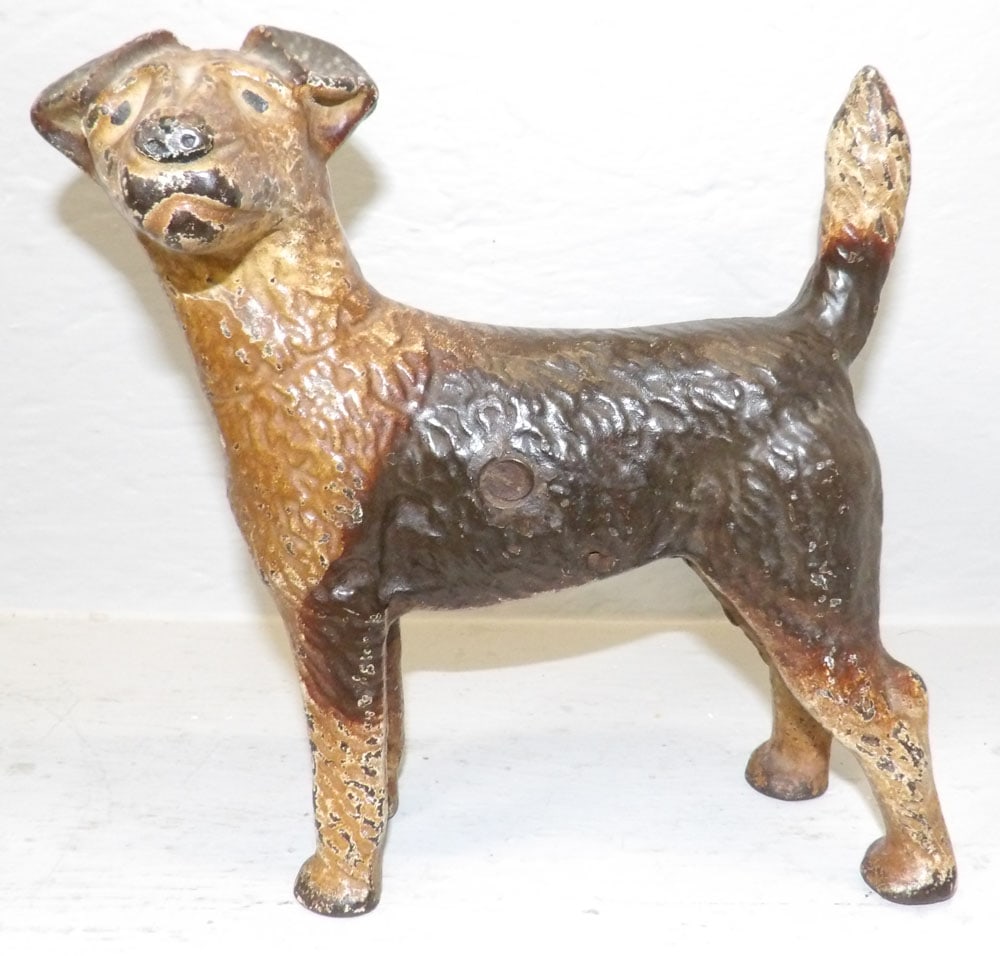 antique painted cast iron terrier door stop: antique painted cast iron terrier door stop. 9" H